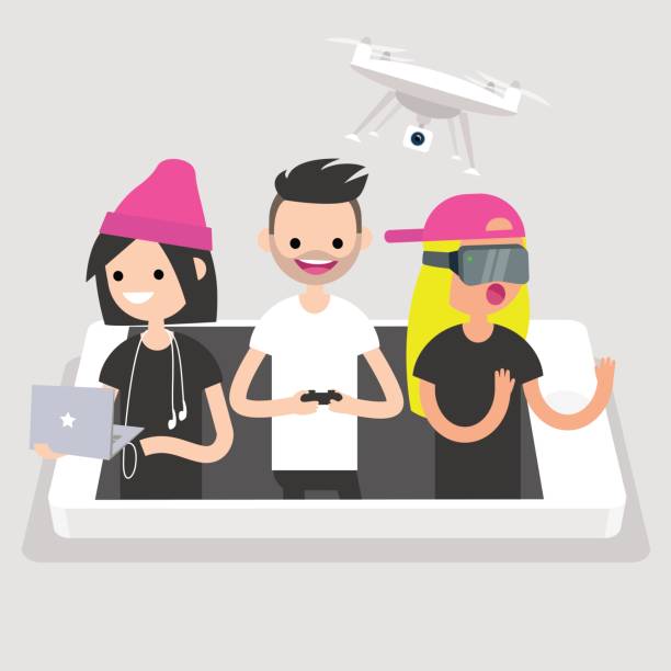 Millennials using different devices: laptop with headphones, drone and VR glasses. New technologies conceptual illustration. Flat editable vector, clip art Millennials using different devices: laptop with headphones, drone and VR glasses. New technologies conceptual illustration. Flat editable vector, clip art drone clipart stock illustrations