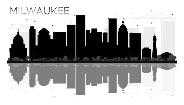 密爾沃基城市天際線黑白剪影與反射。 - milwaukee 幅插畫檔、美工圖案、卡通及圖標