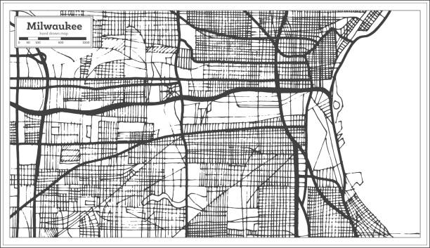 密爾沃基威斯康辛州美國城市地圖在復古風格黑白相間的顏色。大綱圖。 - milwaukee 幅插畫檔、美工圖案、卡通及圖標