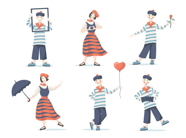 Mimes cartoon characters set Mimes cartoon characters set. Silent actor and actress performing with frame, umbrella, flower, balloon, male and female circus clowns. Vector illustrations for theatre, comedy, performance concept mime artist stock illustrations