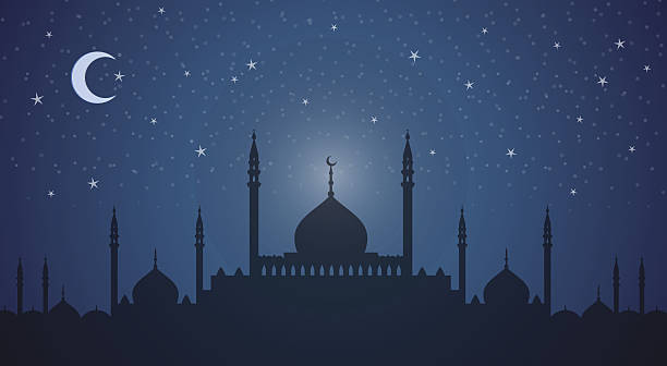 Minarets and domes at night Skyline with minarets and domes at night mosque stock illustrations