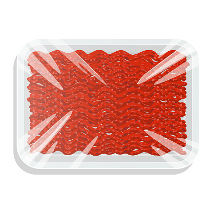Minced meat in a plastic tray. Ground pork or beef in a vacuum pack. Vector illustration.