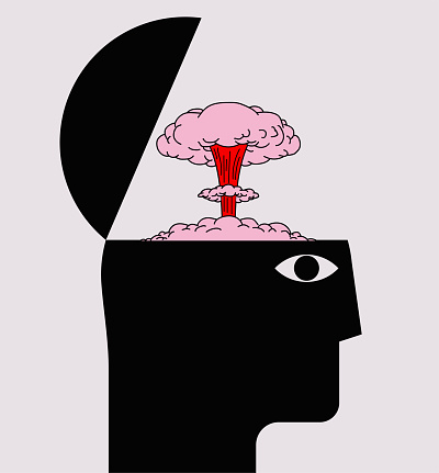 Mind blowing concept with human head silhouette with opened braincase and nuclear explosion silhouette isolated on white background. Vector illustration