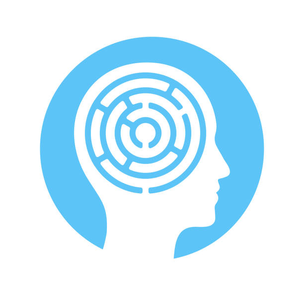 Mind maze icon Human head silhouette with maze inside, mind complexity psychology concept. Vector icon illustration. maze icons stock illustrations