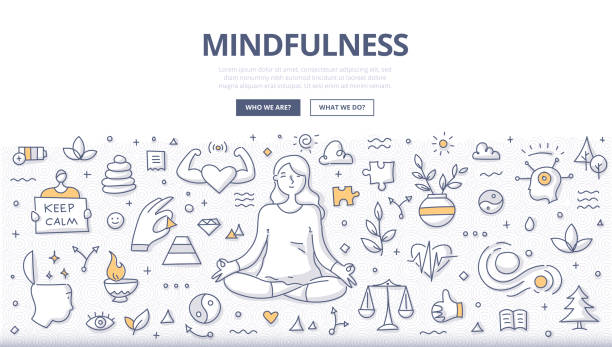 Mindfulness Doodle Concept Mindfulness & meditation concept. Woman meditates relaxing in lotus pose. Self-awareness, emotional balance & freedom from stress. Doodle illustration for web banners, hero images, printed materials yoga drawings stock illustrations