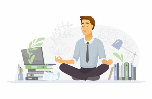 Mindfulness - modern vector cartoon people characters illustration Mindfulness - modern vector cartoon people characters illustration on white background. A composition with a businessman meditating in lotus position at work in the office, trying to release stress businessman backgrounds stock illustrations