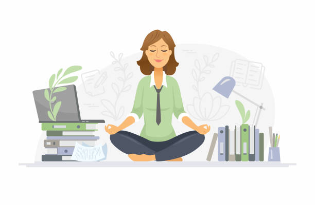 Mindfulness - modern vector cartoon people characters illustration Mindfulness - modern vector cartoon people characters illustration on white background. A colorful composition with a woman meditating in lotus position at work in the office, trying to release stress mindfulness stock illustrations