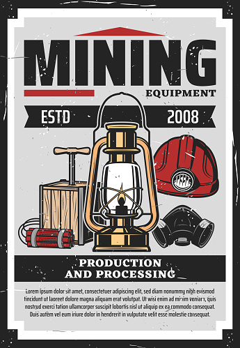 Miner helmet, lamp, dynamite and mask. Coal mining