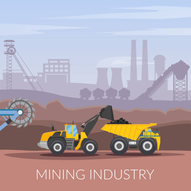 miner mining flat composition Mining industry flat composition with coal loading by excavator to truck on factory background vector illustration metal silhouettes stock illustrations
