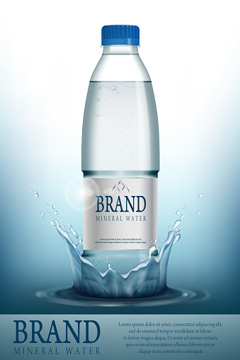 Mineral water realistic Bottle container mockup template. Transparent Drinking water Bottle with your brand for ads or magazine design. 3d vector illustration
