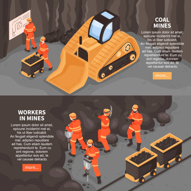 illustrazioni stock, clip art, cartoni animati e icone di tendenza di set di banner orizzontali minatori - miniera