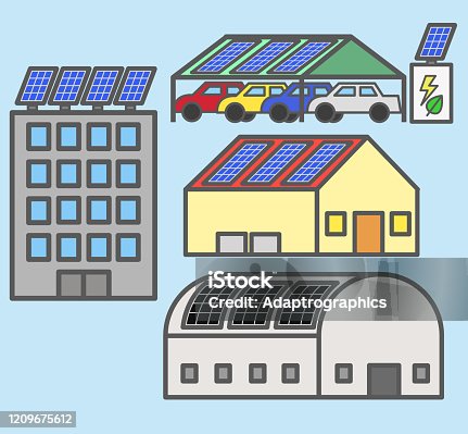 istock Minimal 2d colored solar panel rooftop installation on building house factory and car parking 1209675612