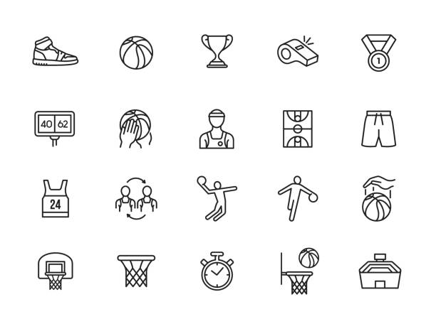 illustrations, cliparts, dessins animés et icônes de ensemble d’icônes de ligne de basket-ball minimale - basketball