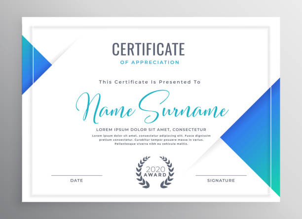 stockillustraties, clipart, cartoons en iconen met minimale blauwe driehoek certificaat sjabloonontwerp - diploma