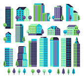 Minimal buildings. Buildings and skyscrapers, commercial offices for modern architectural landscape with trees. City vector geometric block constructor