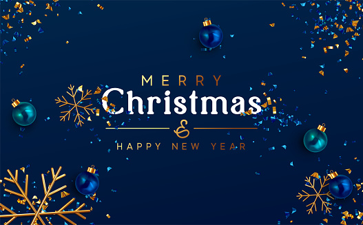 Minimal Christmas Background. Festive design of sparkling lights blue garland, realistic balls baubles, 3d render gold snowflake. Xmas horizontal poster, banner, greeting cards, header website.