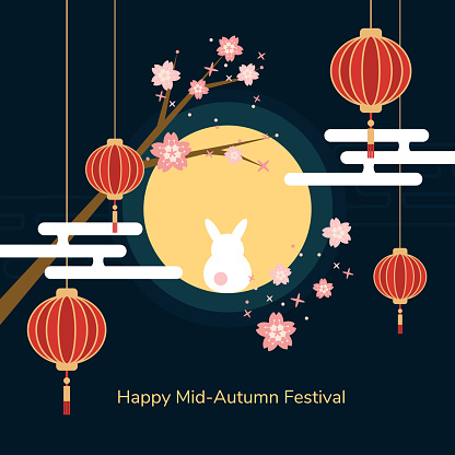Minimal flat Happy mid-autumn festival poster in night scene with full moon rabbit red paper lantern and cheery blossom flowers