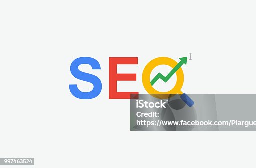 istock SEO (search engine optimization) minimal flat logo with magnifying glass, arrow and cursor symbol. multi color design. 997463524