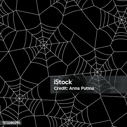 istock Minimal Halloween Vector Seamless Pattern With White Spider Web on Black Background 1173280294