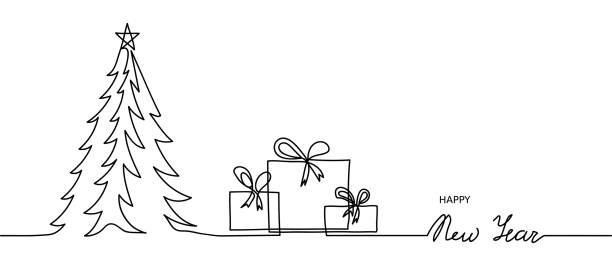 Minimal Happy New Year web banner, background. One, continuous line drawing New Year simple banner with christmas tree and presents,gifts,boxes Minimal Happy New Year web banner, background. One, continuous line drawing New Year simple banner with christmas tree and presents,gifts,boxes. christmas tree outline stock illustrations