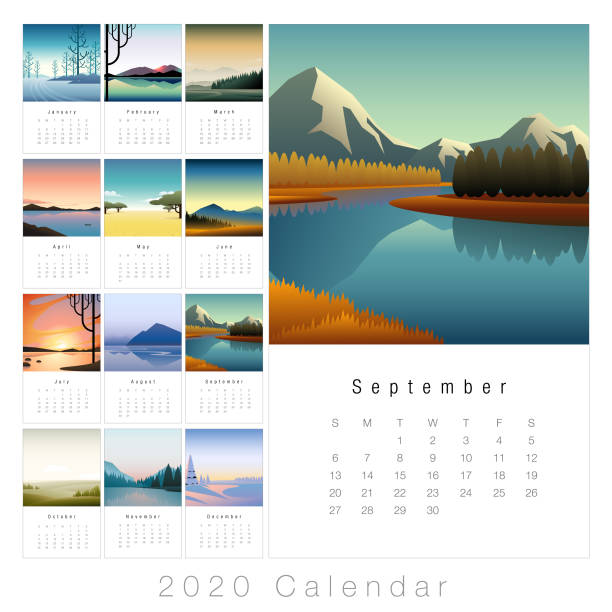 2020 minimal landscape calendar 2020 monthly calendar with minimal landscape images. calendars templates stock illustrations