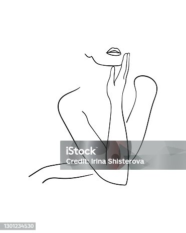istock Minimal line art woman with hand on face. Black Lines Drawing. - Vector illustration 1301234530