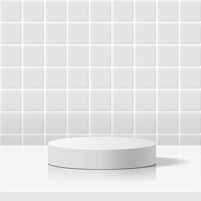minimal scene with geometric forms. cylinder white podium in white rectangle ceramic tile wall background.