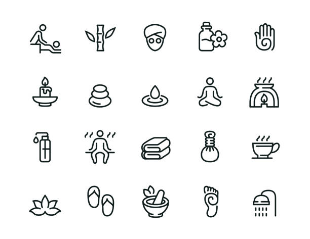 ilustraciones, imágenes clip art, dibujos animados e iconos de stock de conjunto de iconos de línea relacionados con minimal spa - zen