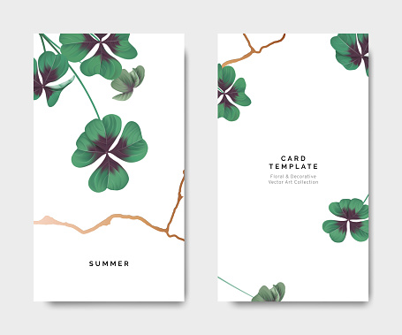 Minimalist botanical card template design, Oxalis tetraphylla or lucky clover with golden line on white, pastel vintage theme