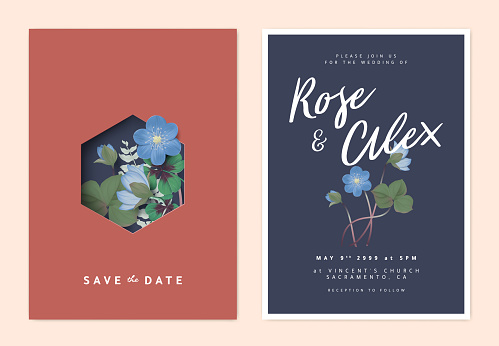 Minimalist botanical wedding invitation card template design, Hepatica Nobilis and leaves, red and blue vintage theme