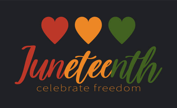 미니멀리스트 juneteenth 수평 배너 디자인 3 하트 레드 옐로우 그린. 텍스트 로고가있는 juneteenth freedom day의 벡터 템플릿. 미국에서의 축하 행사 - juneteenth stock illustrations