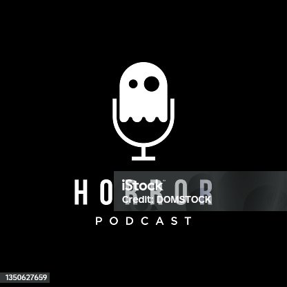 istock Minimalist Mystery podcast, Horror podcast icon vector with ghost flying idea 1350627659