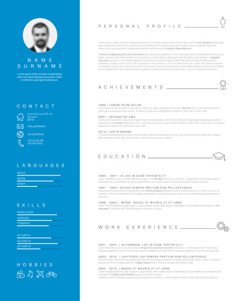 Minimalist resume cv template with nice typography Vector minimalist cv / resume template with nice typogrgaphy design - blue and white simple curiculum vitae layout. resume templates stock illustrations