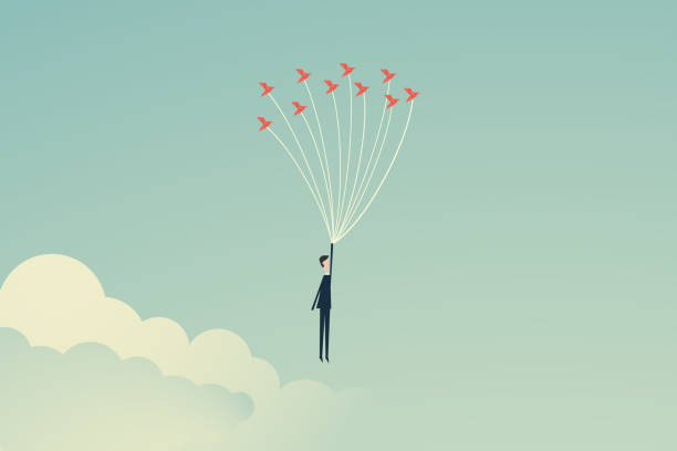 Minimalist stile. vector business finance. Freedom concept. Business person flying up with birds. Emotion of freedom and happiness, above risk and danger, the businessman balances Symbol leadership, strategy, mission, objectives  free commercial use stock illustrations