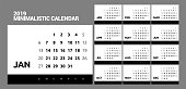 Minimalistic calendar for 2019 year. Horizontal vector design template. Week Starts Sunday. One color.