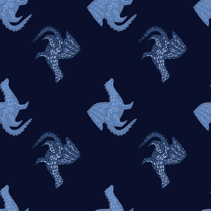 Minimalistic seamless pattern with blue colored dragon elements. Dark navy blue background.