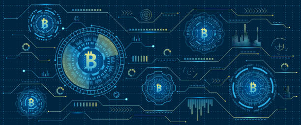 마이닝 bitcoin cryptocurrency, 디지털 스트림입니다. 미래 지향적인 돈입니다. blockchain입니다. 암호화 - 암호화폐 stock illustrations