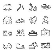 Mining, icon set. Extraction of minerals in the mine and surface. editable stroke
