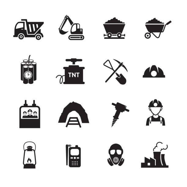 illustrazioni stock, clip art, cartoni animati e icone di tendenza di set di icone del settore minerario - miniera