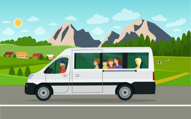 小型貨車與乘客在鄉村景觀的背景。向量平面樣式插圖。 - 乘客 幅插畫檔、美工圖案、卡通及圖標