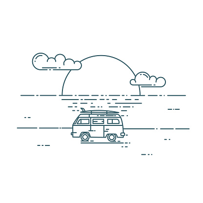 Surf van on the beach. Vector flat line illustration. Minivan with sunset landscape. Adventure and Travel concept