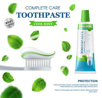 Mint toothpaste, dental care toothbrush and leaves