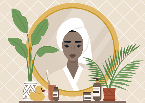 A mirror reflection, a Young black female character wearing a towel wrapped at the side of their head, daily body care routine, boho interior, natural patterns and plants