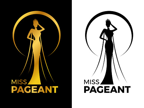 Miss lady pageant sign with Gold and black woman wear Crown in circle ring vector design