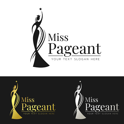 miss pageant sign , black and gold and silver abstract modern beauty queen with long hair wearing a crown vector design