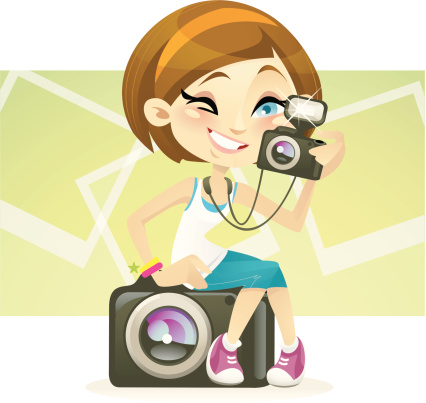 Vector illustration of a cute  female photography lover, not only holding a camera, but also seating on one. This charming characters is great for any photography related theme or blogs. . The hair/eye colour can be edited in Adobe Illustrator easily. You can also contact me, see if I’m available to help. 