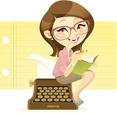Vector illustration of a smart looking female writer seating on an old school typewriter. This charming   characters is great for any text/article based  blogs. The hair/eye colour can be edited in Adobe Illustrator easily. You can also contact me, see if I’m available to help. 