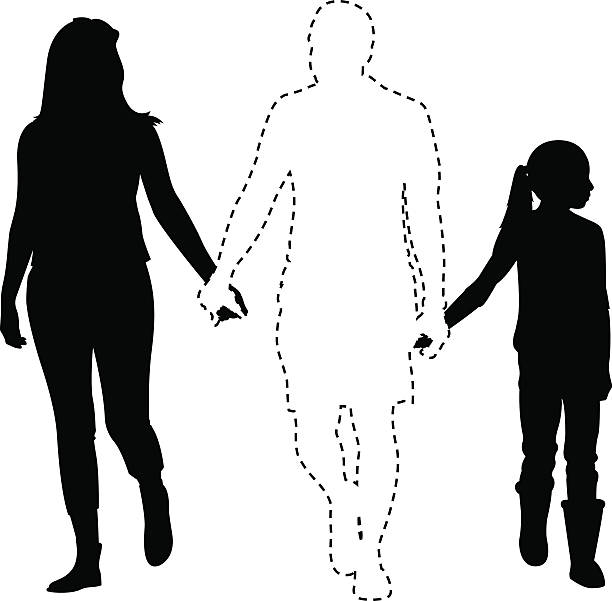 Missing Father Silhouette Vector silhouettes of a mother and daughter holding hands with the dotted outline of the father. divorce silhouettes stock illustrations