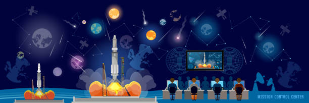 Mission Control Center banner, start rocket in space. Shuttle taking off on mission, spaceport. Modern space technologies, return report of start of rocket Mission Control Center banner, start rocket in space. Shuttle taking off on mission, spaceport. Modern space technologies, return report of start of rocket spaceport stock illustrations