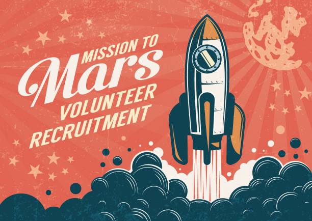 mission zum mars - poster im retro-vintage-stil - rakete stock-grafiken, -clipart, -cartoons und -symbole